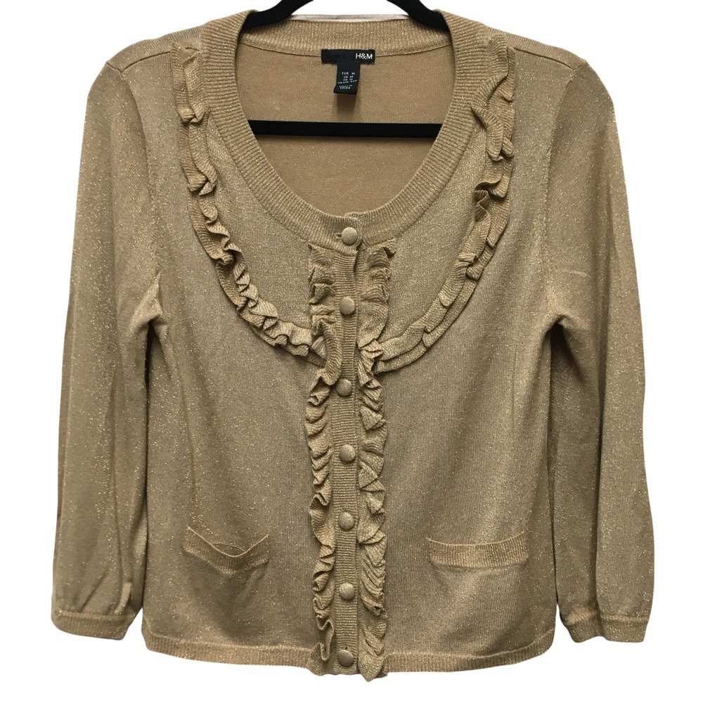H&M Cardigan Women's Medium Gold Ruffle Trim Metallic Shimmer Holiday Party Y2K